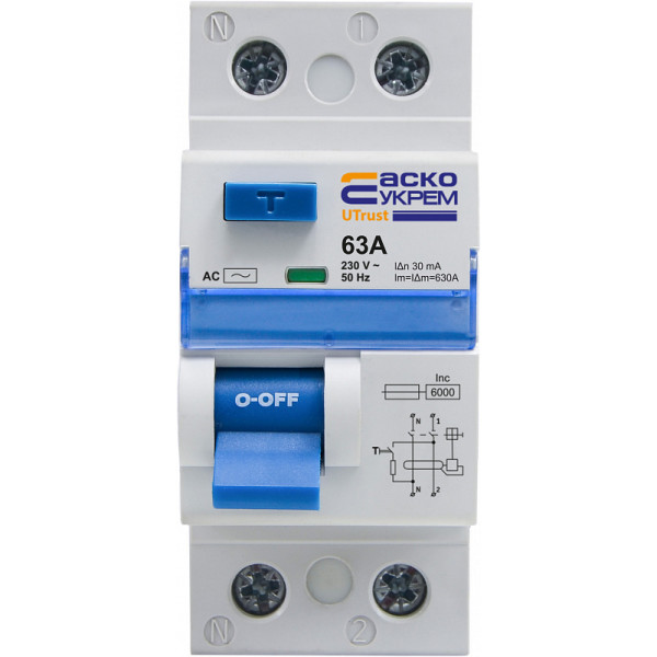 Пристрій захисного відключення Аско-Укрем UTrust 1P+N 63А 30мА АС (A0010210133) - фото №1