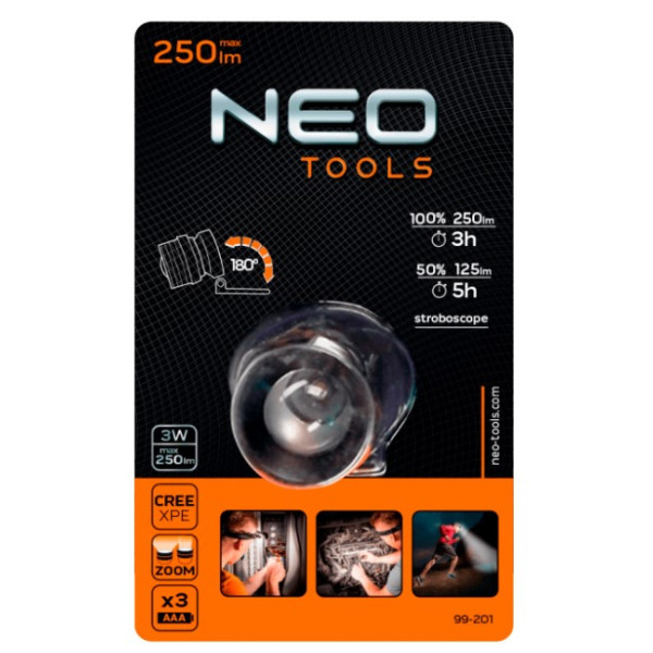 Фонарик на голову Neo Tools 99-201 250Лм CREE XPE батарейки 3xAAA с зуммированием - фото №1
