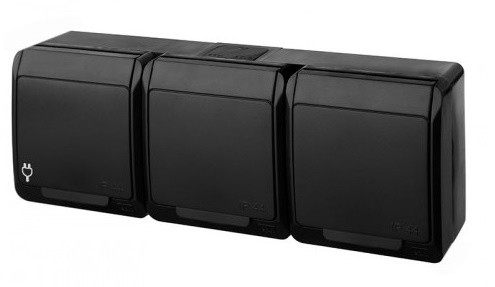 Розетка накладна 3-місна з кришкою чорна Elektro-Plast Hermes IP44, 0326-09