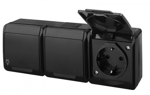 Розетка накладна 3-місна з кришкою чорна Elektro-Plast Hermes IP44, 0326-09 - фото №1