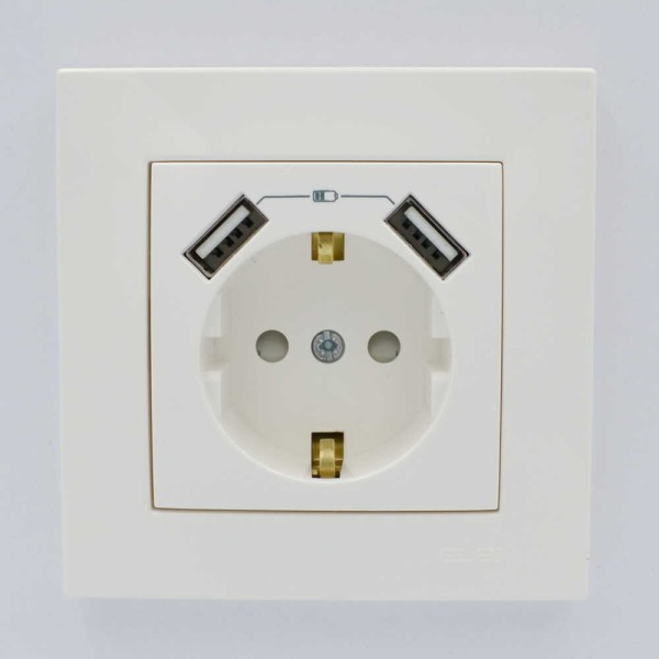 Розетка ELBI ZENA белая 1-я с заземлением + 2USB без рамки ( 609-010200-317 ) - фото №3