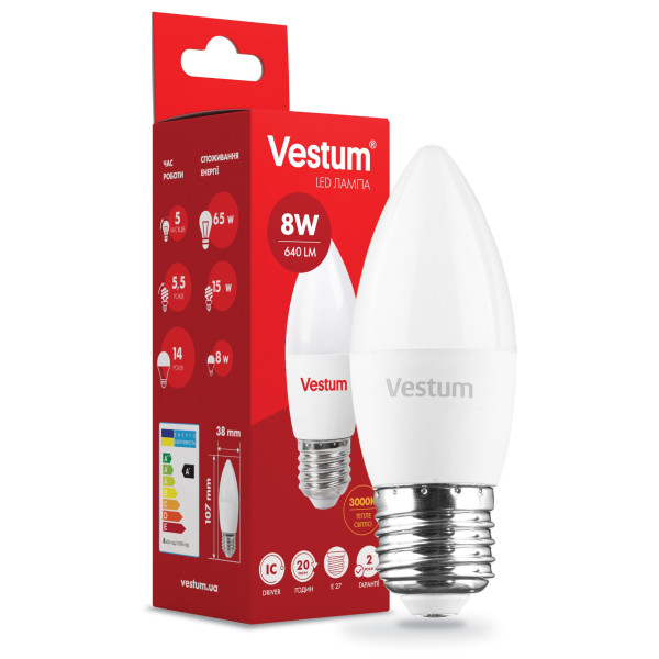 Світлодіодна лампа Vestum 1-VS-1310 C37 8Вт 3000K E27 - фото №1