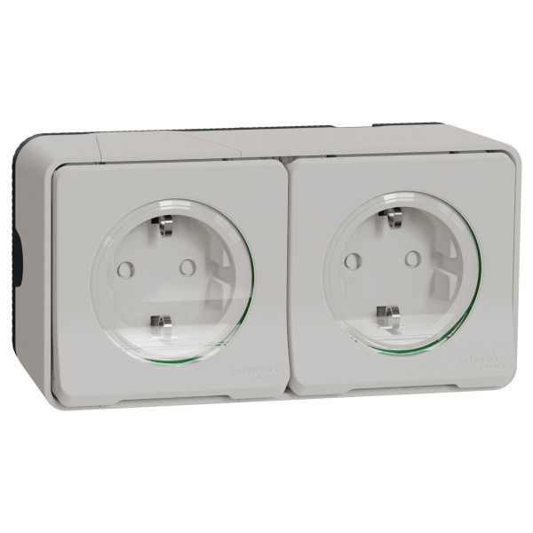 Накладна 2-місна розетка Schneider Electric MUR39035 із з/к та шторками IP55 (біла)