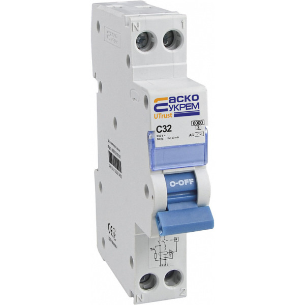 Вимикач диференційного струму Аско-Укрем UTrust 1P+N 32А C 30мА АС (A0010210147)