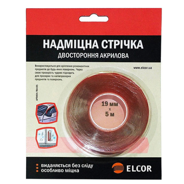 Двостороння прозора стрічка Elcor 40206800 TRA195 на акриловій основі 19мм (5м)
