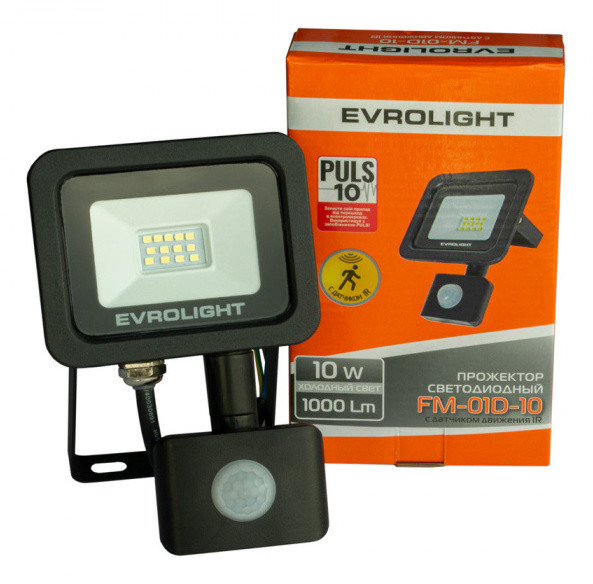 Світлодіодний прожектор Evrolight FM-01D-10 10Вт 6400К з датчиком руху (57039) - фото №1