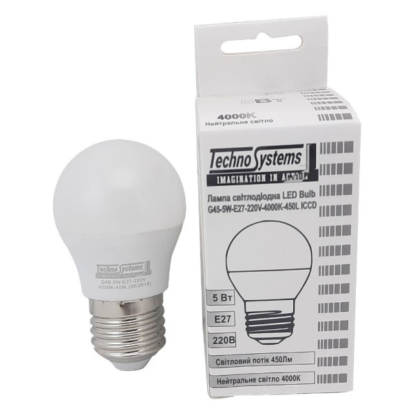 Светодиодная лампа TNSy LED Bulb-G45-5W-E27-220V-4000K-450L ICCD (TNSy5000037) - фото №4