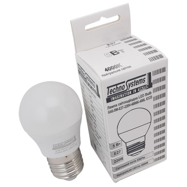 Светодиодная лампа TNSy LED Bulb-G45-5W-E27-220V-4000K-450L ICCD (TNSy5000037) - фото №5