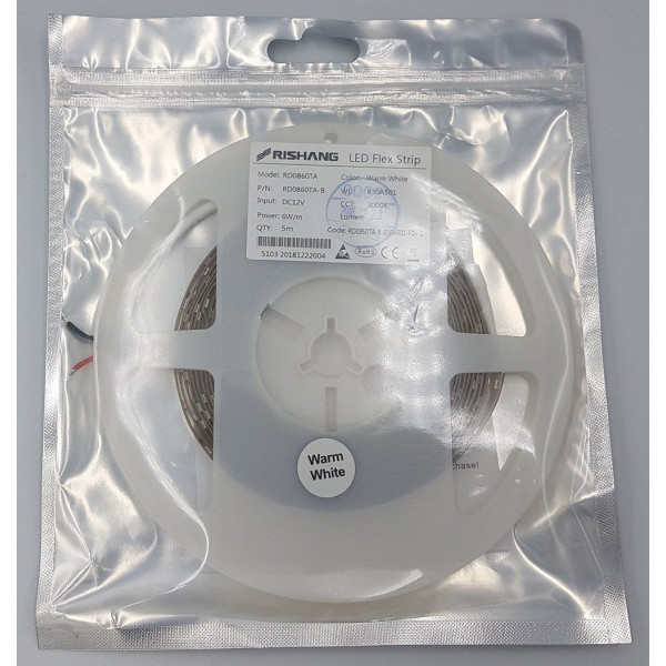LED стрічка RISHANG 60-2835-12V-IP20 4.8W 505Lm 3000K 5м (RD0860TA-B-WW) - фото №6