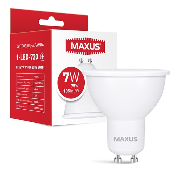 Світлодіодна лампа Maxus MR16 GU10 7Вт 4100K 220В (1-LED-720) - фото №1