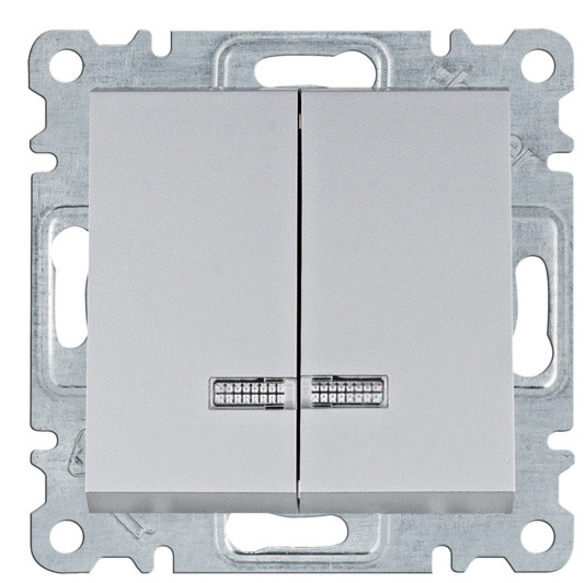Двухклавишный выключатель Hager WL0242 Lumina 10АХ/230В с подсветкой (серебристый)