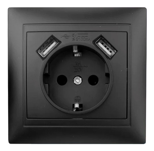 Розетка Elcor Emily 9215 (211650) із заземленням та 2 USB (чорна)