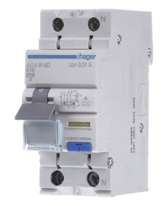 Диференційний автомат Hager ACA916D B 16A 1P+N 6кА 10мА A