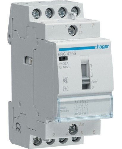 Бесшумный контактор с ручным управлением Hager ERC425S 25A 4НО 230B