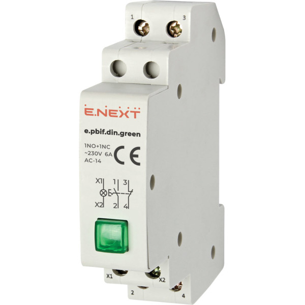 Кнопка з індикатором E.Next e.pbif.din.green на DIN-рейку зелена (i0790006)