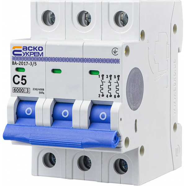 Модульный автоматический выключатель Аско-Укрем ВА-2017/C 3р 5А (A0010170042) - фото №3